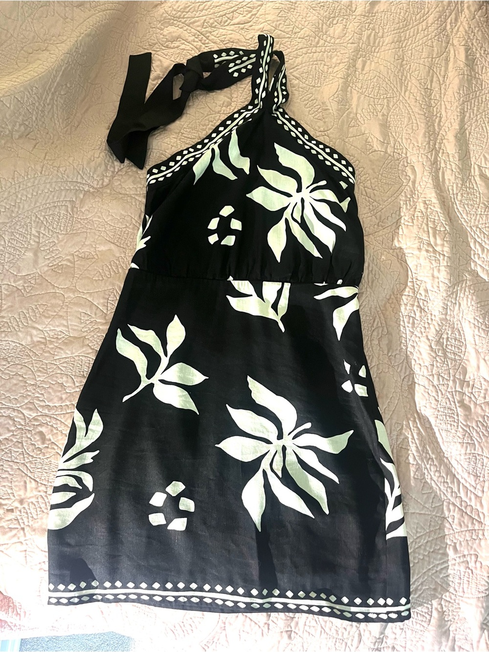 Loft Black and White Fern Print Linen Blend Halter Dress